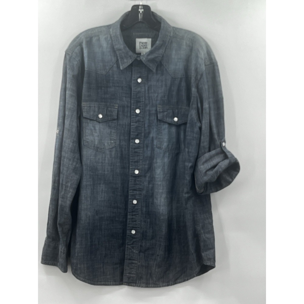 Paper Denim & Cloth Mens L Blue Chambray Western Pearl Snap Roll Tab Shirt